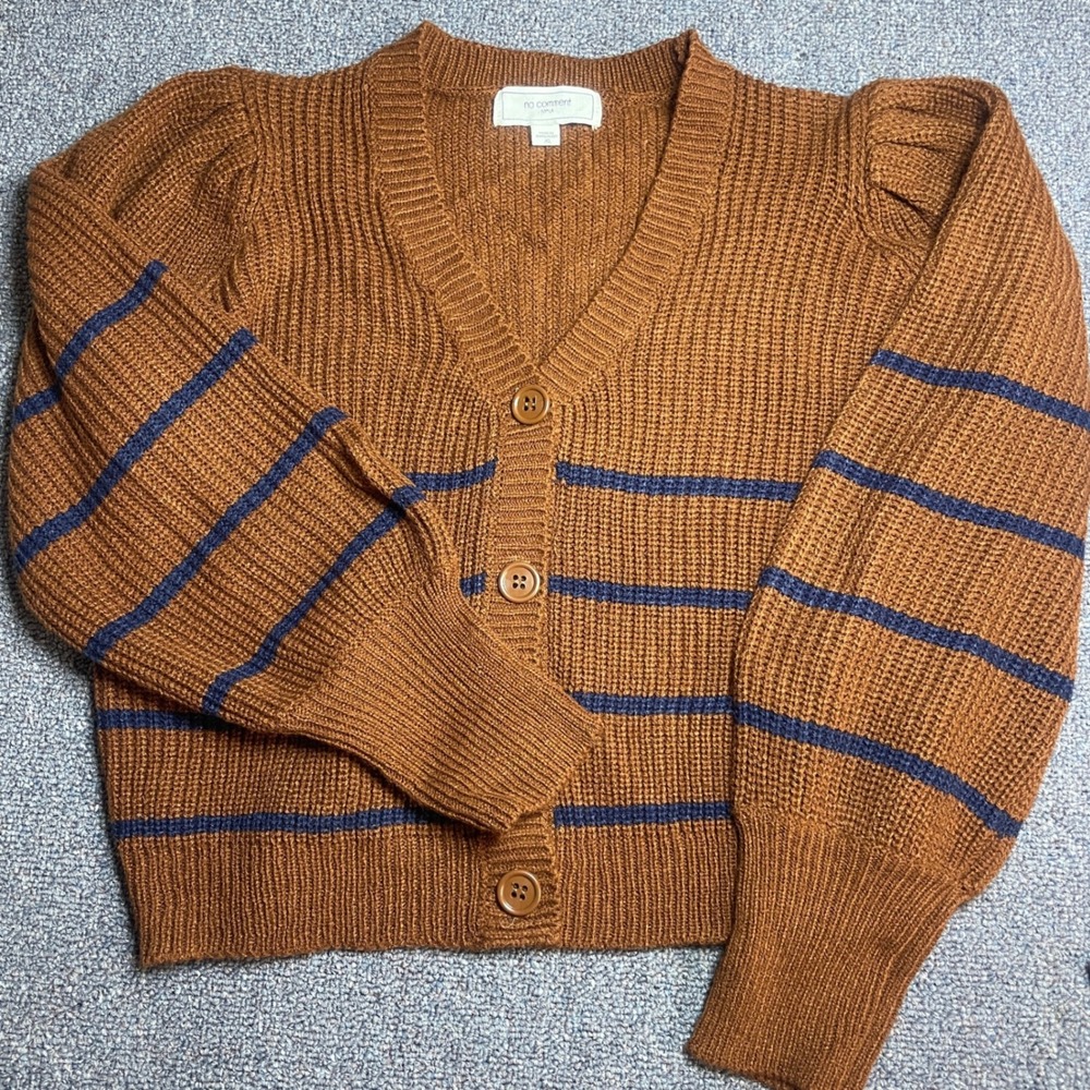 No Comment Brown Striped Puff Shoulder Button Front Cardigan Sweater Juniors XL